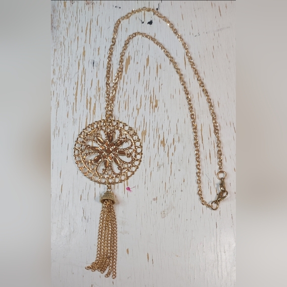 Single Gold Chain Long Necklace with Gold Sun Medallion Pendant & Tassel - Picture 1 of 8